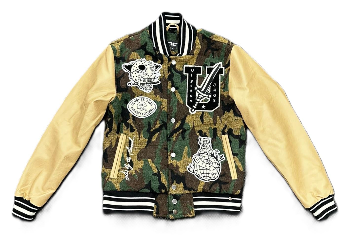 Jordan Craig Boys Varsity Jacket, Vintage Camo Print, Cream Sleeves, Striped Ribbing