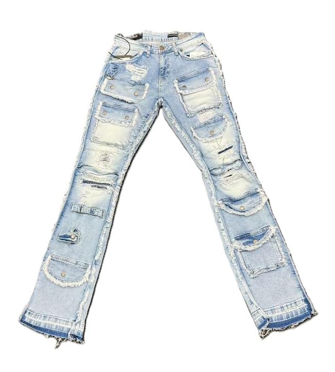 Copper Rivet FRAY Edge Cargo Stack Jeans Light Blue Copper Color 98% Cotton 2% Elastane Style(513026)