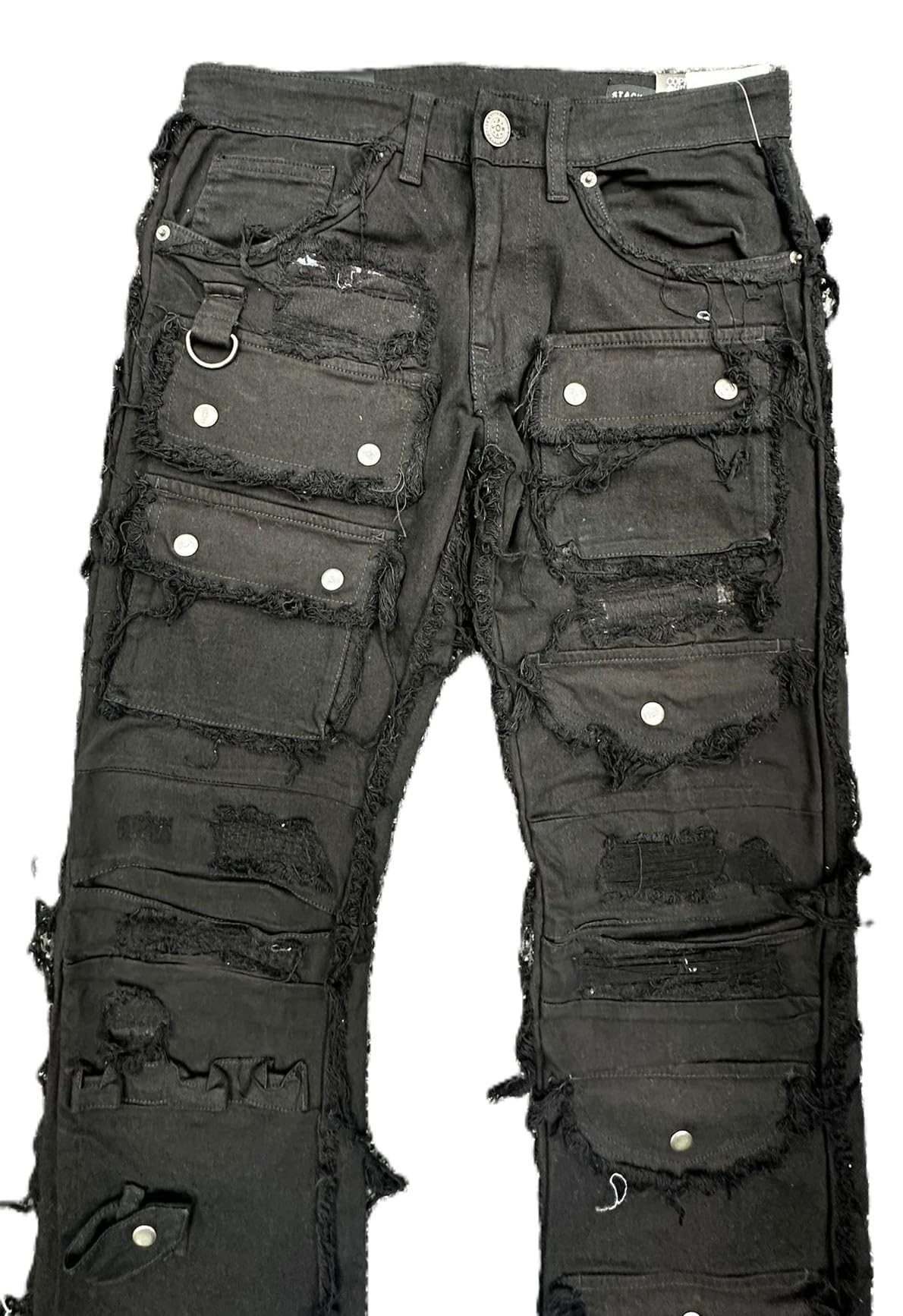 Copper Rivet Men's Cargo Jeans, Stacked Fit, Distressed Black Denim with Frayed Edges(513026)