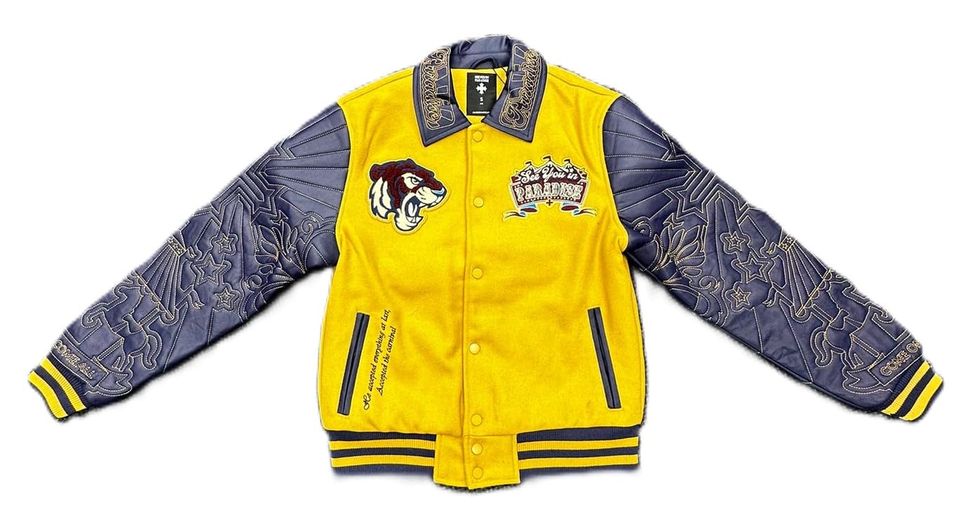 Paradise Kids Varsity Jacket, Mustard with Navy Quilted PU Sleeves, Tiger Embroidered Design