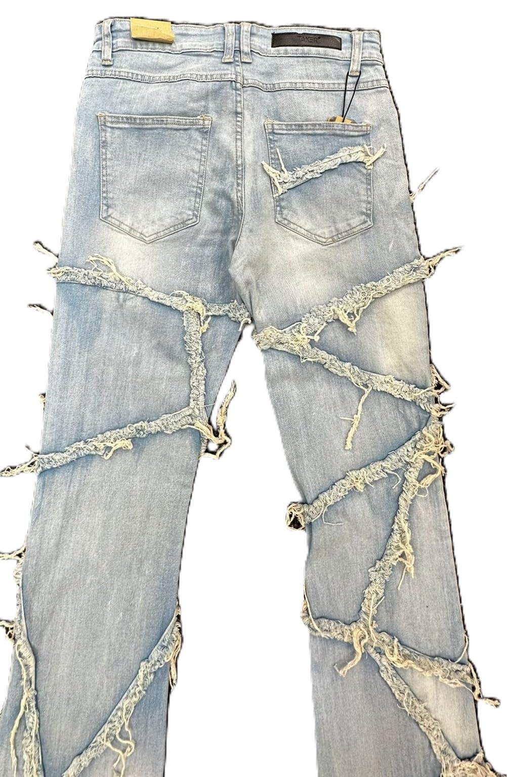 Taker Flare Jeans, Multi-Fray Patch Design, Men's Stacked Fit, Light Tint, 36 Length, Cotton Blend(T4112)