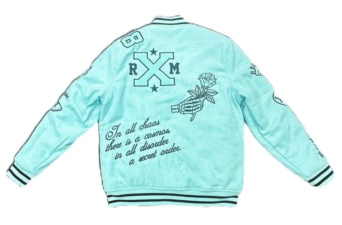 Rebal Minds Mens Varsity Jacket, T. Blue, Graphic Print Design
