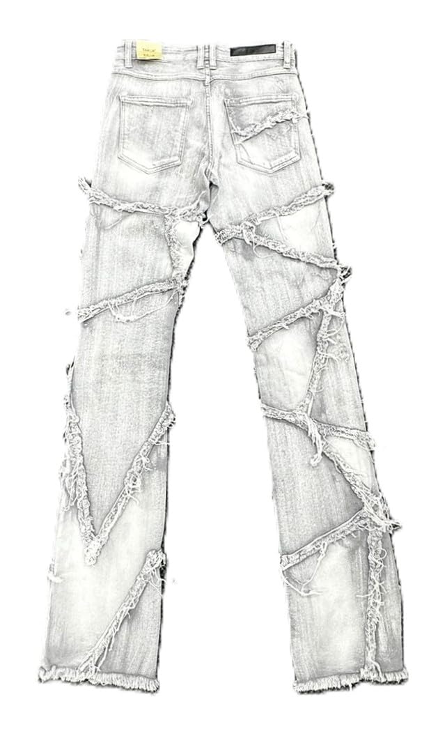 Taker Men's Distressed Flare Stacked Jeans, Multi Fray Patch Design,Gray, Cotton Blend(T4112)