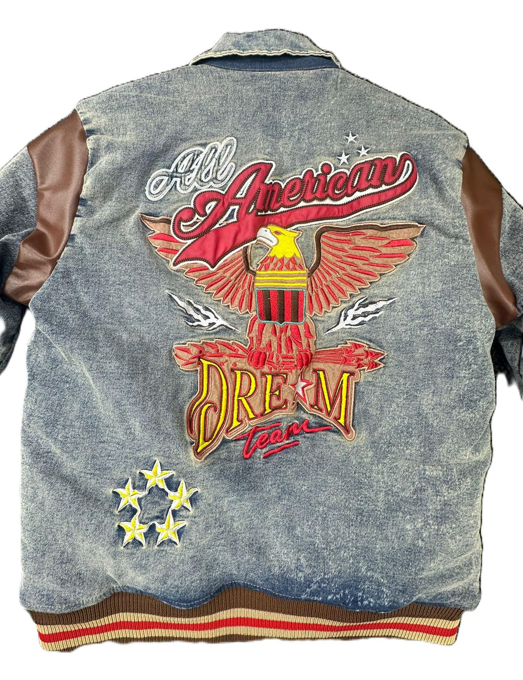 R3bel Denim Mens Vintage Blue Jacket, All American Dream Eagle Print, Blue Cotton Blend, Ribbed Trim(632-542)