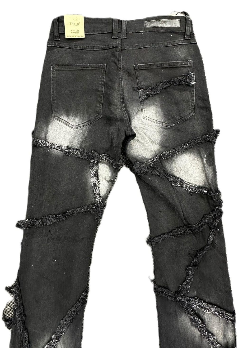Taker Flare Jeans, Men's Stacked Style, Black Ash, Distressed Multi-Fray Patch Design, 36 Length(T4112)