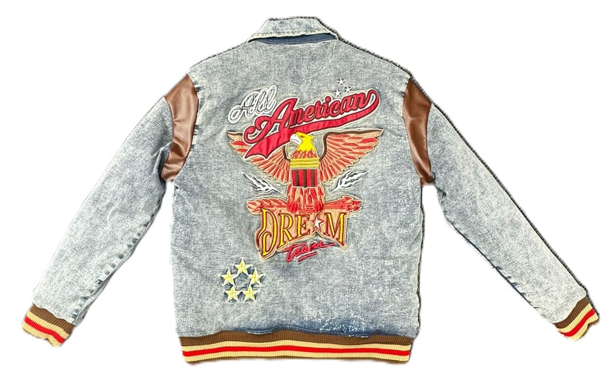 R3bel Denim Mens Vintage Blue Jacket, All American Dream Eagle Print, Blue Cotton Blend, Ribbed Trim(632-542)