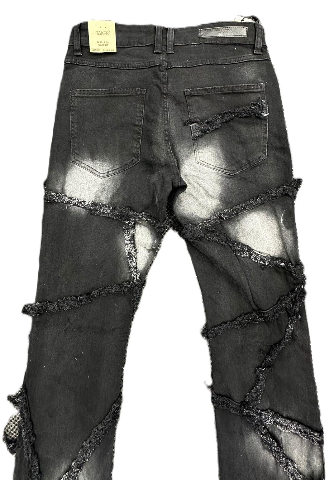 Taker Flare Jeans, Men's Stacked Style, Black Ash, Distressed Multi-Fray Patch Design, 36 Length(T4112)
