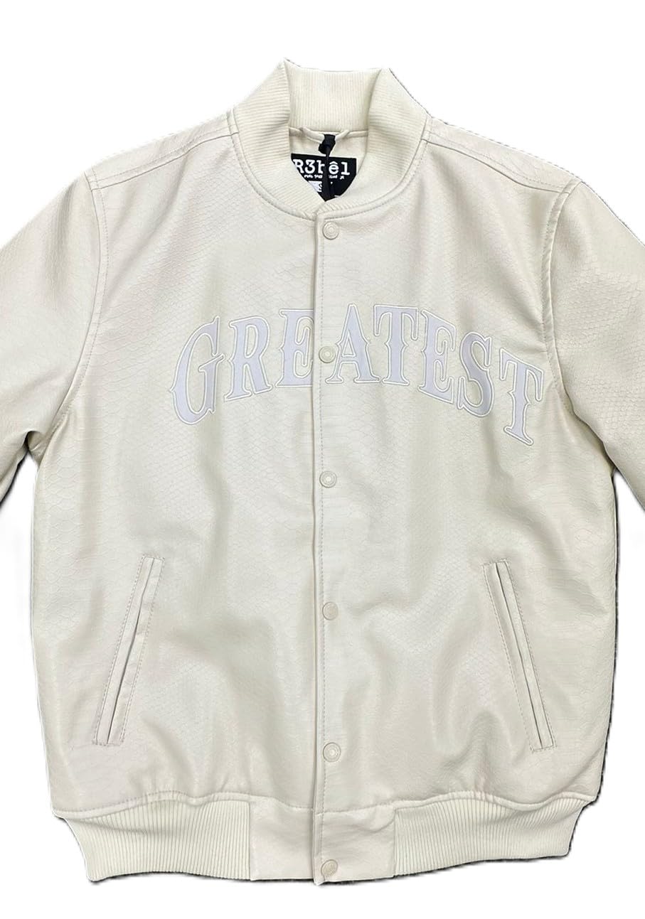 Rebal Minds Leather Varsity Jacket, Cream White, PU Shell with Polyester Lining