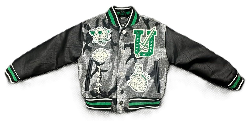 Jordan Craig Kids Varsity Jacket, Black Camo, Polyester Blend with Green Trim