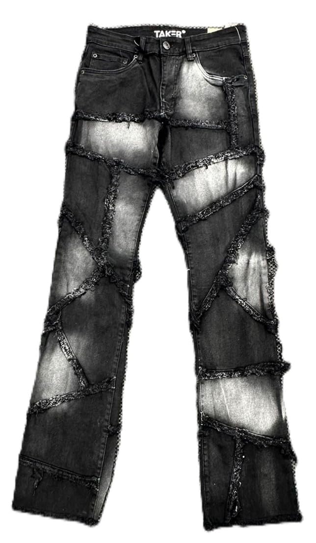 Taker Flare Jeans, Men's Stacked Style, Black Ash, Distressed Multi-Fray Patch Design, 36 Length(T4112)