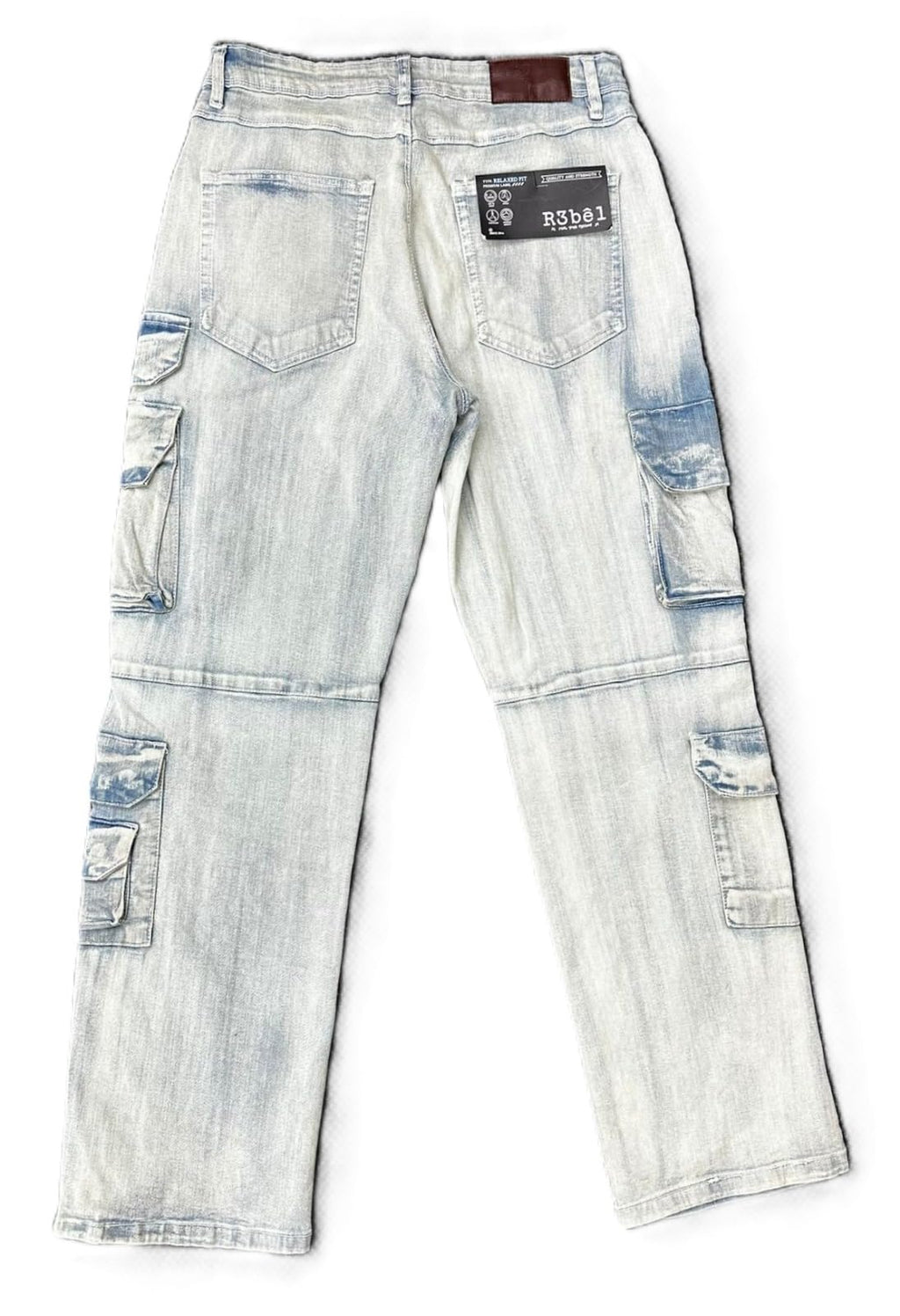 Rebal Cargo Jeans,Light Indigo, Relaxed Fit, 10 Pocket, Polyester Blend(642-642)