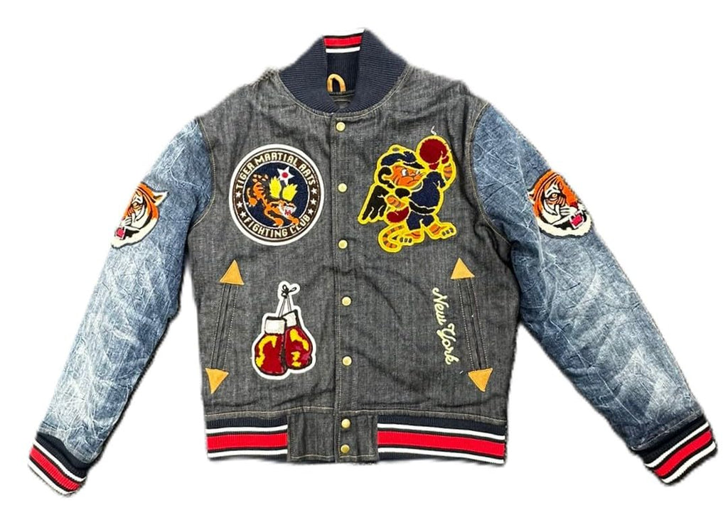 Jordan Craig Men's Varsity Denim Jacket, Tiger Martial Arts Patches, Dark Blue Cotton Blend