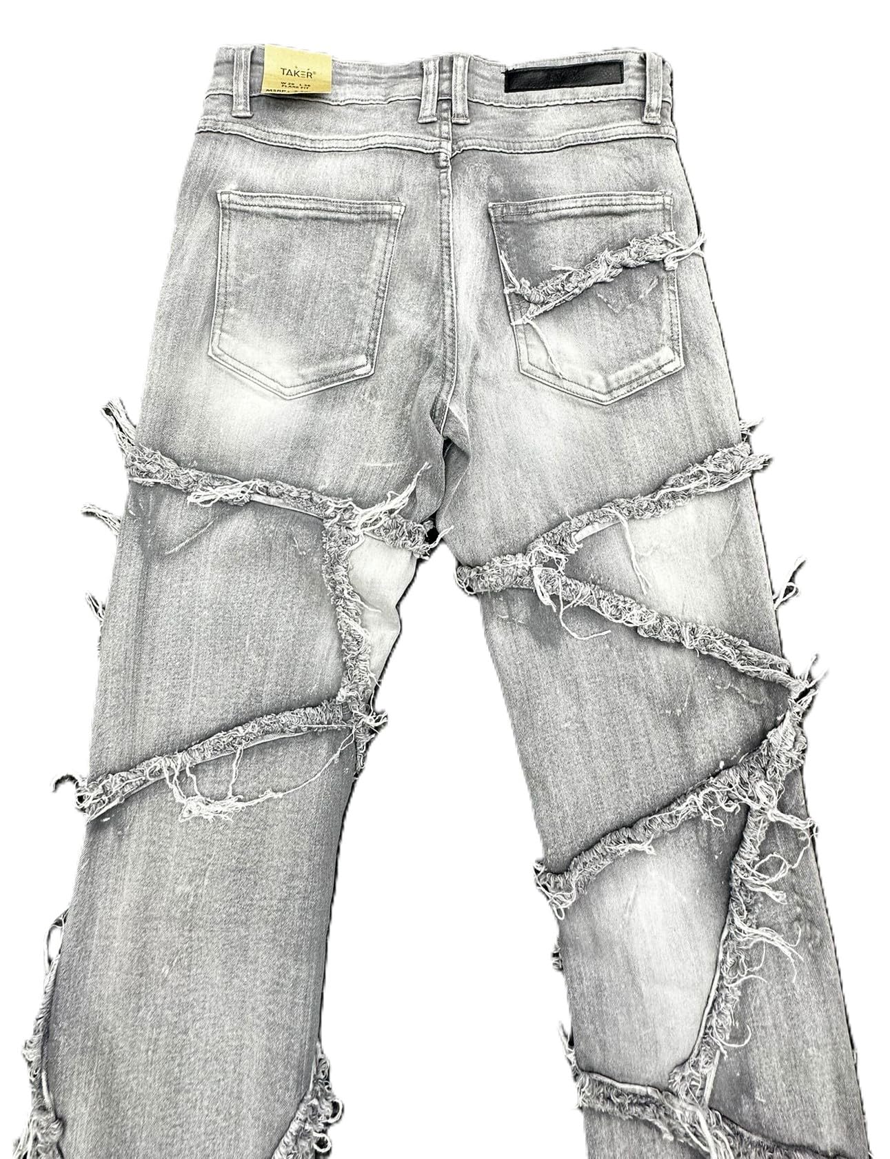 Taker Men's Distressed Flare Stacked Jeans, Multi Fray Patch Design,Gray, Cotton Blend(T4112)