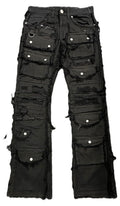 Copper Rivet Men's Cargo Jeans, Stacked Fit, Distressed Black Denim with Frayed Edges(513026)