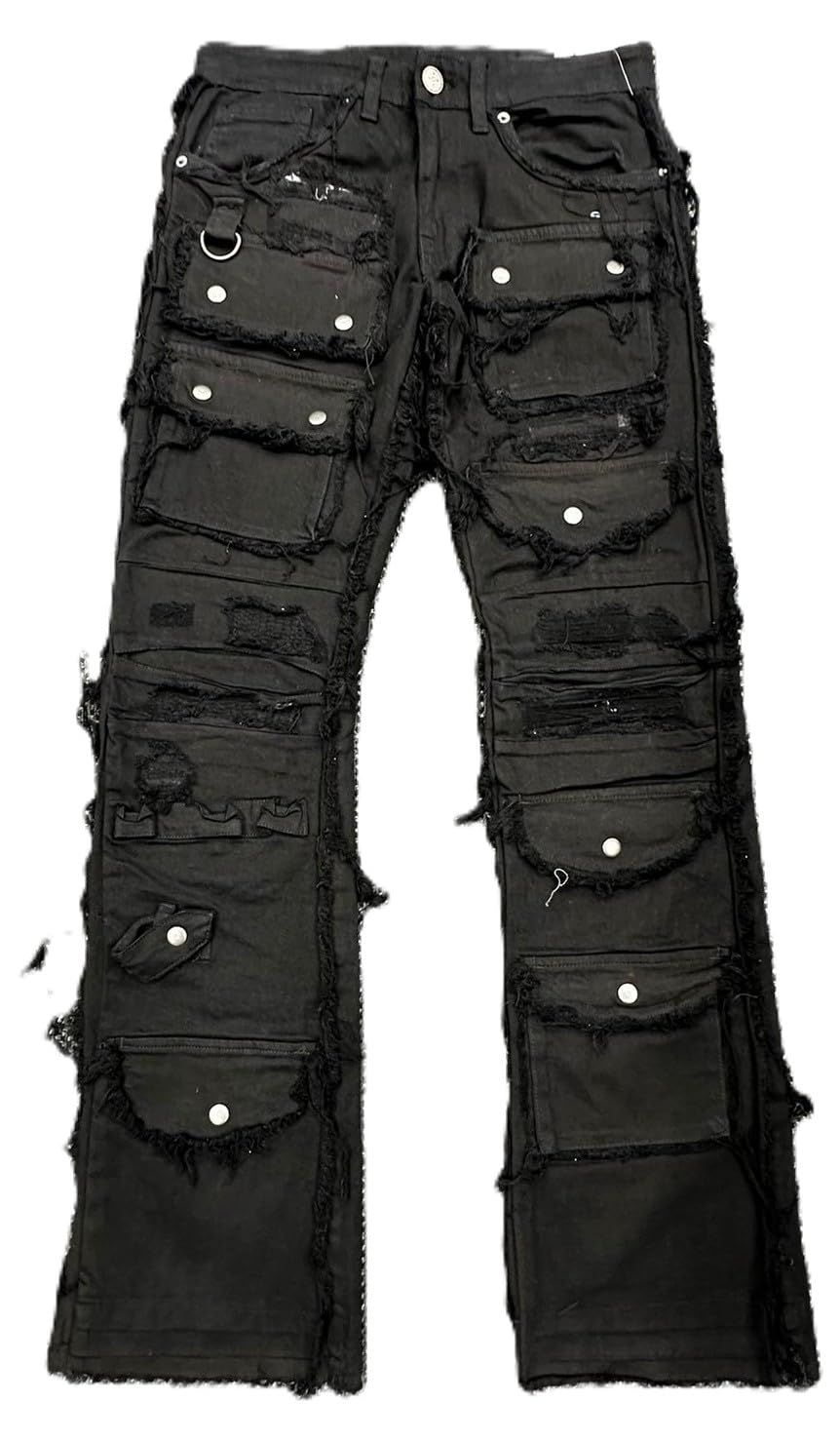 Copper Rivet Men's Cargo Jeans, Stacked Fit, Distressed Black Denim with Frayed Edges(513026)