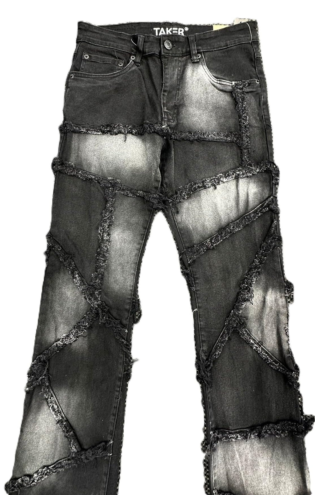 Taker Flare Jeans, Men's Stacked Style, Black Ash, Distressed Multi-Fray Patch Design, 36 Length(T4112)