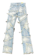 Taker Flare Jeans, Multi-Fray Patch Design, Men's Stacked Fit, Light Tint, 36 Length, Cotton Blend(T4112)