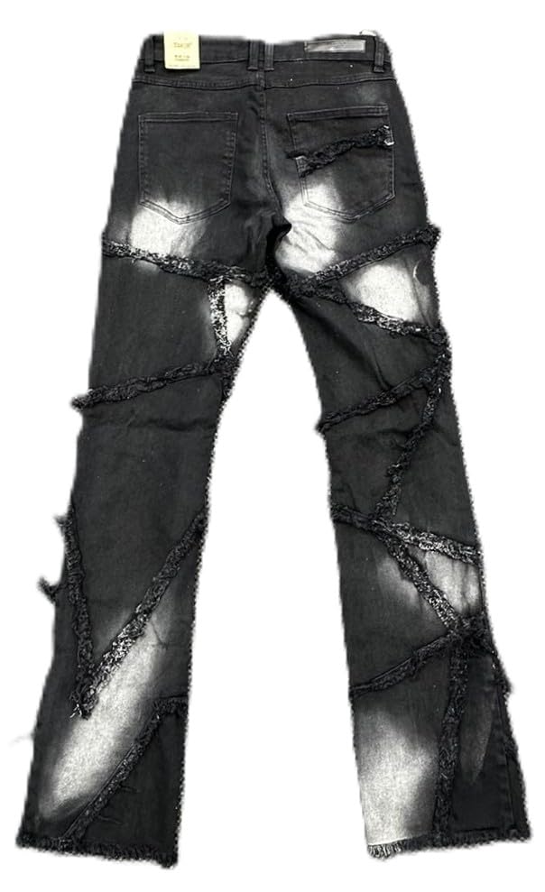 Taker Flare Jeans, Men's Stacked Style, Black Ash, Distressed Multi-Fray Patch Design, 36 Length(T4112)