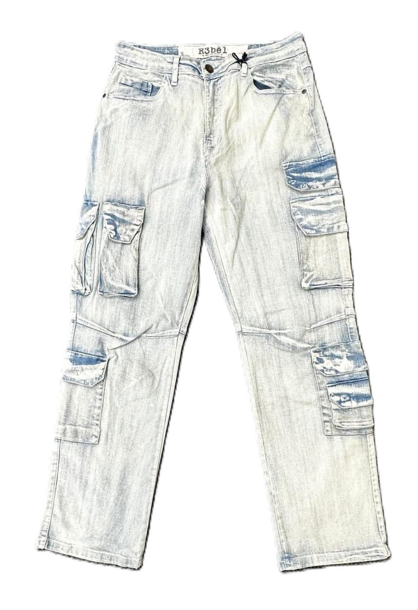 Rebal Cargo Jeans,Light Indigo, Relaxed Fit, 10 Pocket, Polyester Blend(642-642)