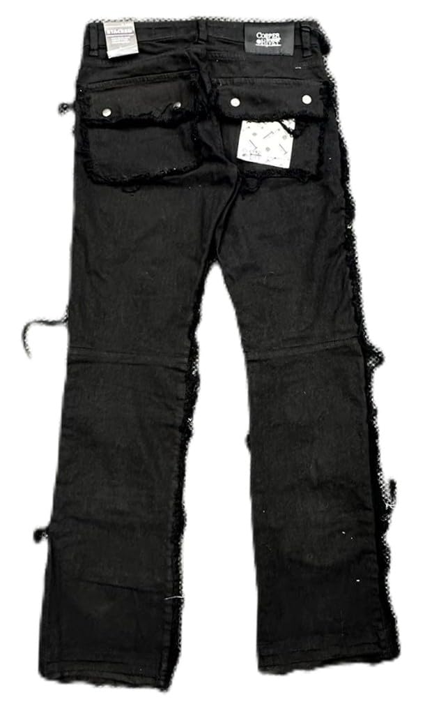 Copper Rivet Men's Cargo Jeans, Stacked Fit, Distressed Black Denim with Frayed Edges(513026)