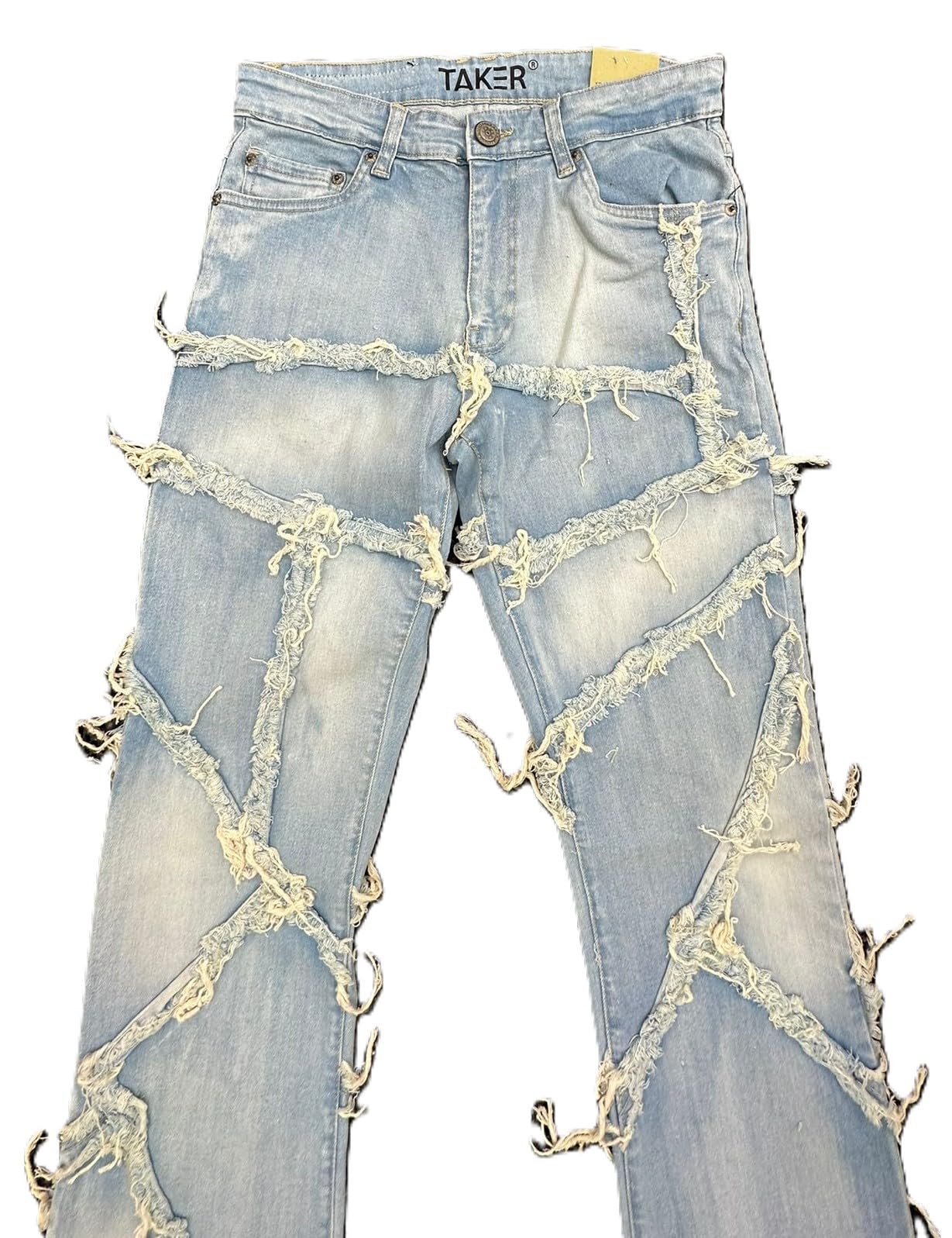 Taker Flare Jeans, Multi-Fray Patch Design, Men's Stacked Fit, Light Tint, 36 Length, Cotton Blend(T4112)