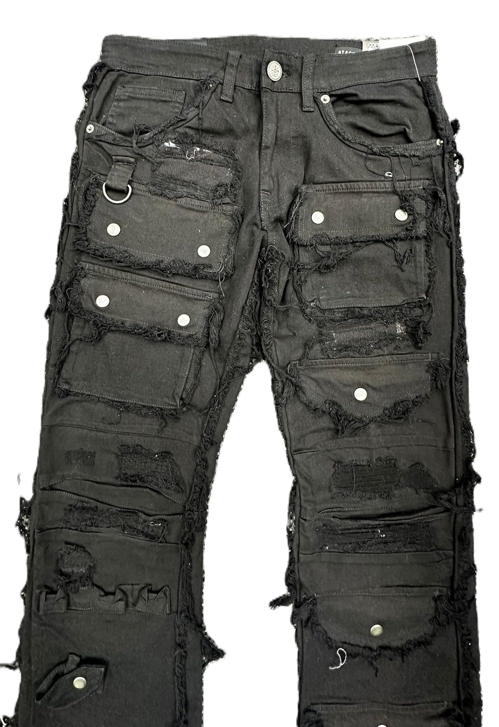 Copper Rivet Men's Cargo Jeans, Stacked Fit, Distressed Black Denim with Frayed Edges(513026)