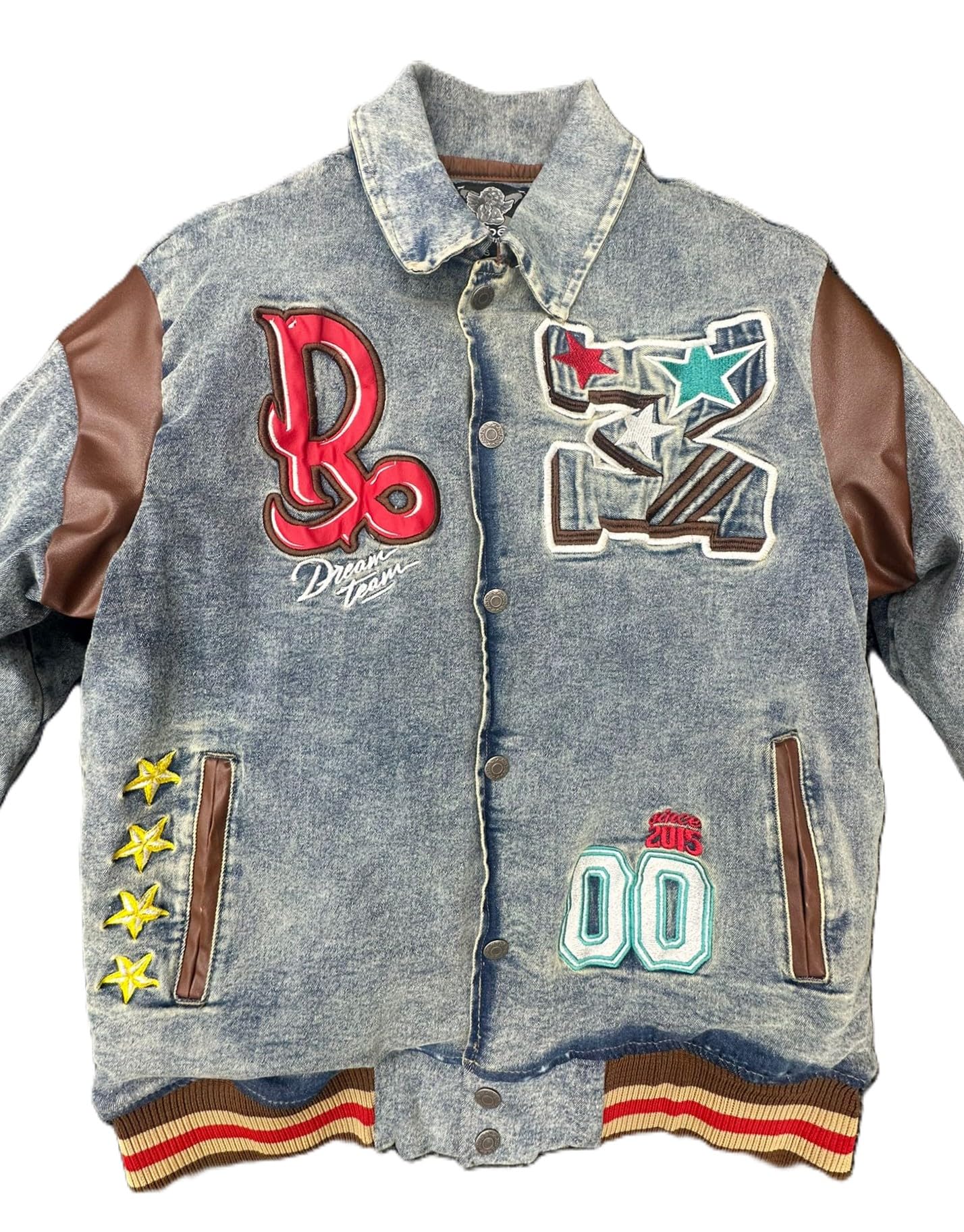 R3bel Denim Mens Vintage Blue Jacket, All American Dream Eagle Print, Blue Cotton Blend, Ribbed Trim(632-542)