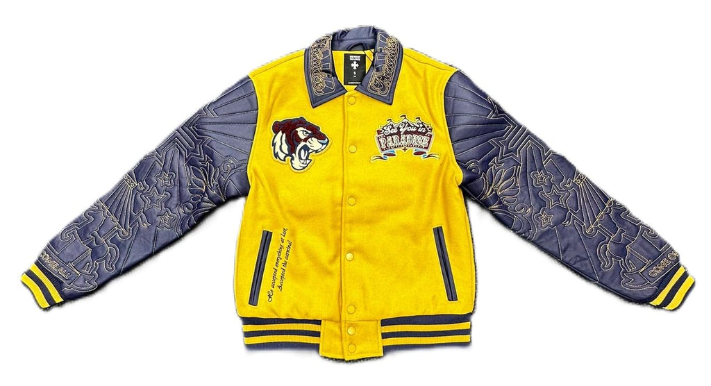 Paradise Men's Varsity Jacket, Quilted PU Sleeves, Mustard Yellow and Navy, Wool Blend