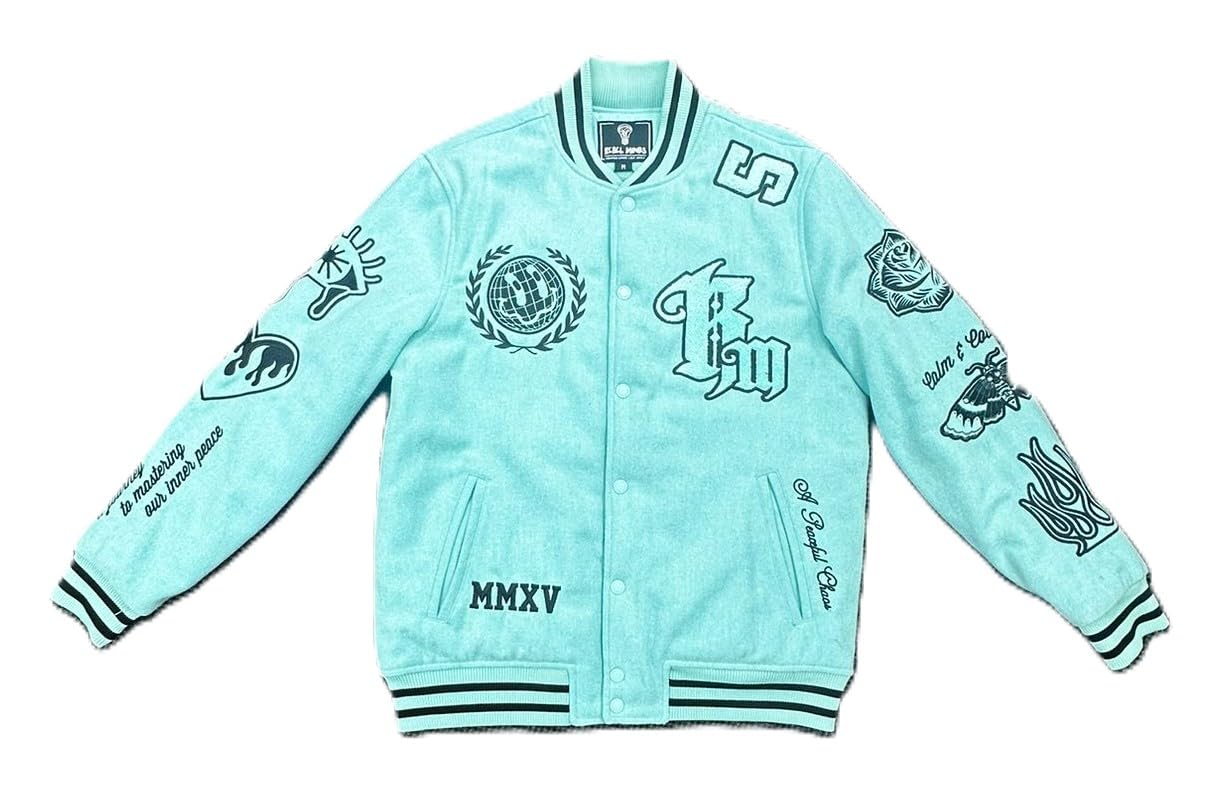 Rebal Minds Mens Varsity Jacket, T. Blue, Graphic Print Design