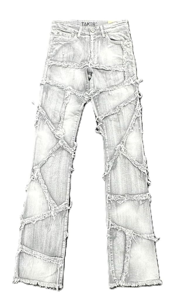 Taker Men's Distressed Flare Stacked Jeans, Multi Fray Patch Design,Gray, Cotton Blend(T4112)