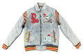R3bel Denim Mens Vintage Blue Jacket, All American Dream Eagle Print, Blue Cotton Blend, Ribbed Trim(632-542)