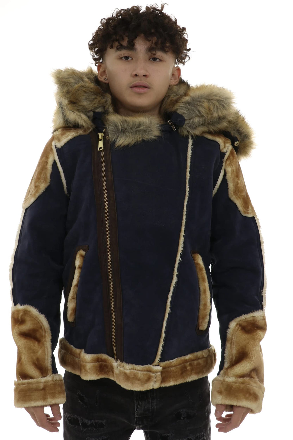 JORDAN CRAIG El Jefe Shearling Moto Jacket SMALL NAVY