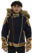 JORDAN CRAIG El Jefe Shearling Moto Jacket SMALL NAVY