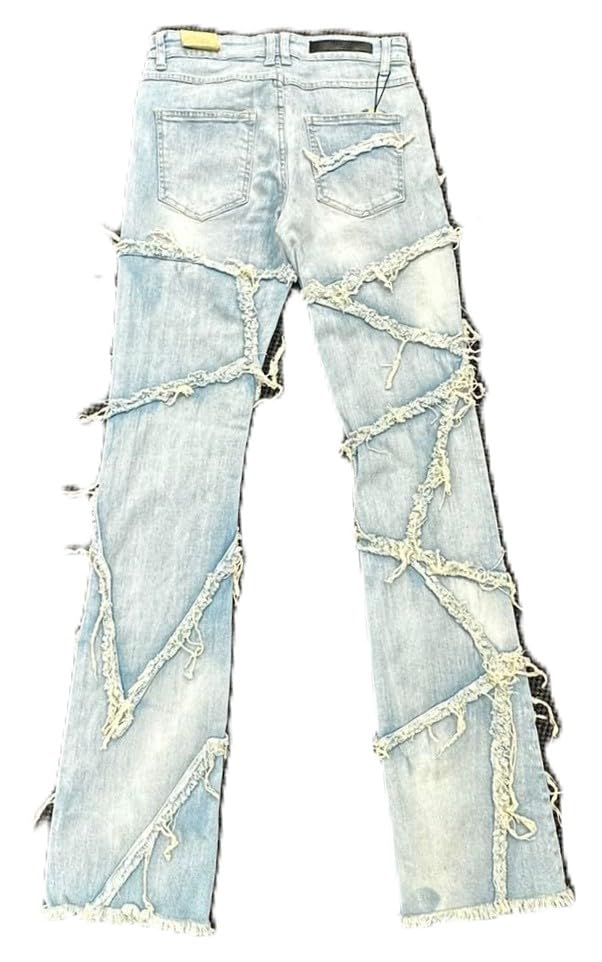 Taker Flare Jeans, Multi-Fray Patch Design, Men's Stacked Fit, Light Tint, 36 Length, Cotton Blend(T4112)