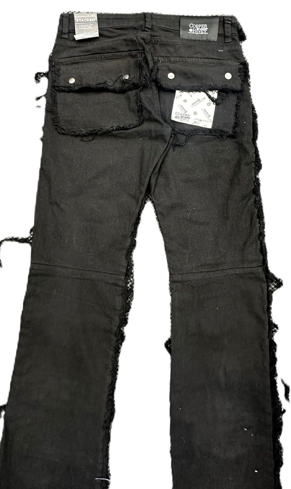 Copper Rivet Men's Cargo Jeans, Stacked Fit, Distressed Black Denim with Frayed Edges(513026)