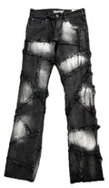 Taker Flare Jeans, Men's Stacked Style, Black Ash, Distressed Multi-Fray Patch Design, 36 Length(T4112)